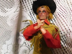 13" JANE UNIQUE WESTERN DOLL, BLONDE HAIR, COMPO FACE, LEATHER OUTFIT, HAT